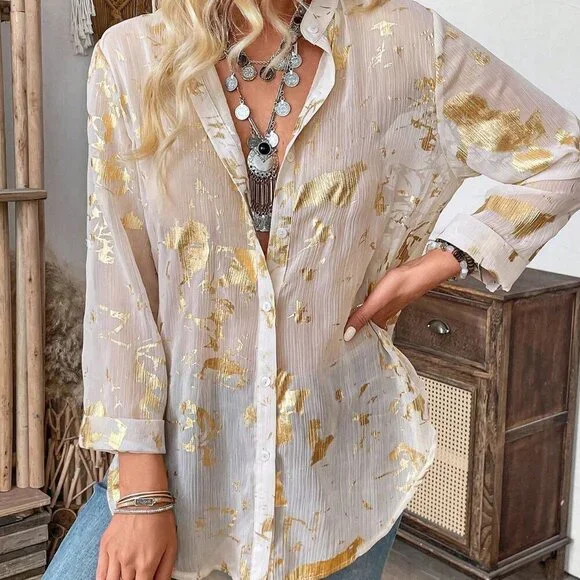 Boho Women's Full Printed Long Sleeve button down Shirt - Picture 6 of 8